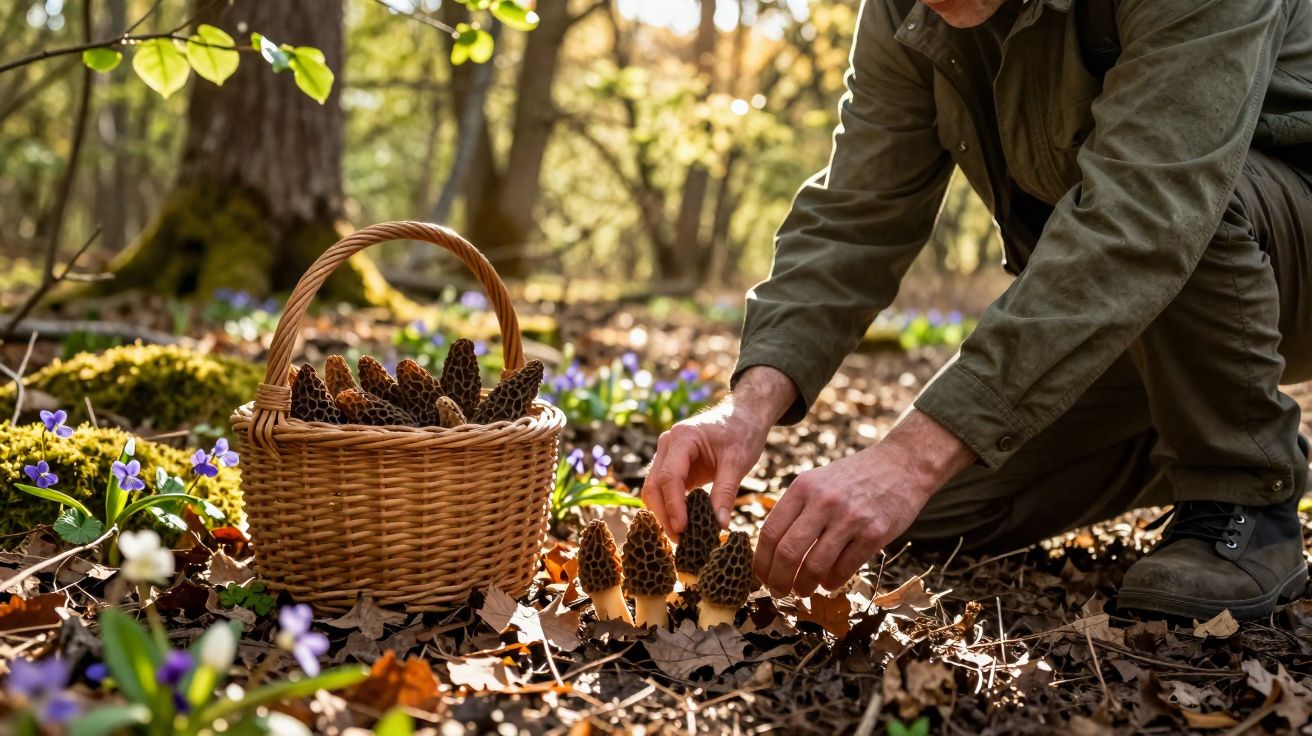Pessoa colhendo cogumelos morchella em floresta com cesta de vime e flores ao redor.