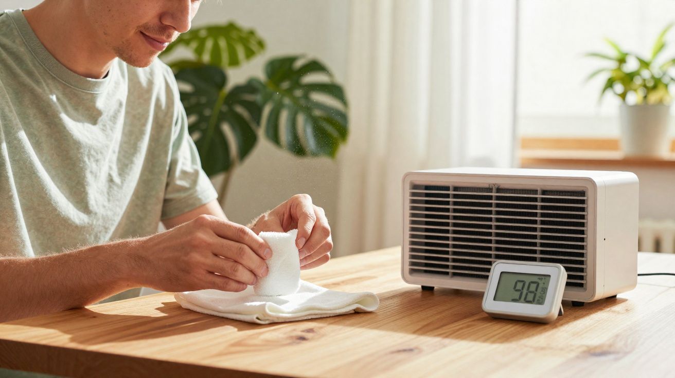 Homem segurando um tecido branco em mesa de madeira com desumidificador e higrômetro marcando 98% de umidade.