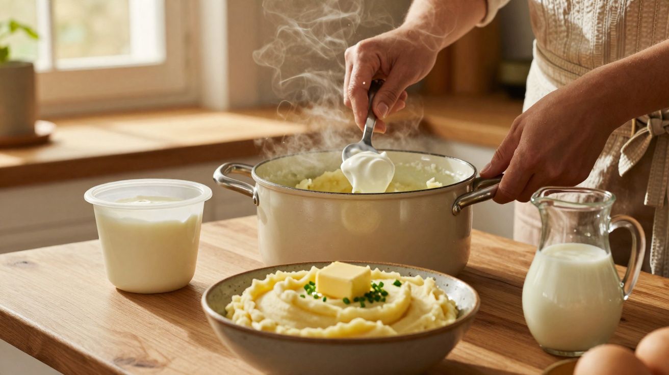 Pessoa adiciona creme em purê de batatas quente em panela, com purê servido em prato e leite ao lado.