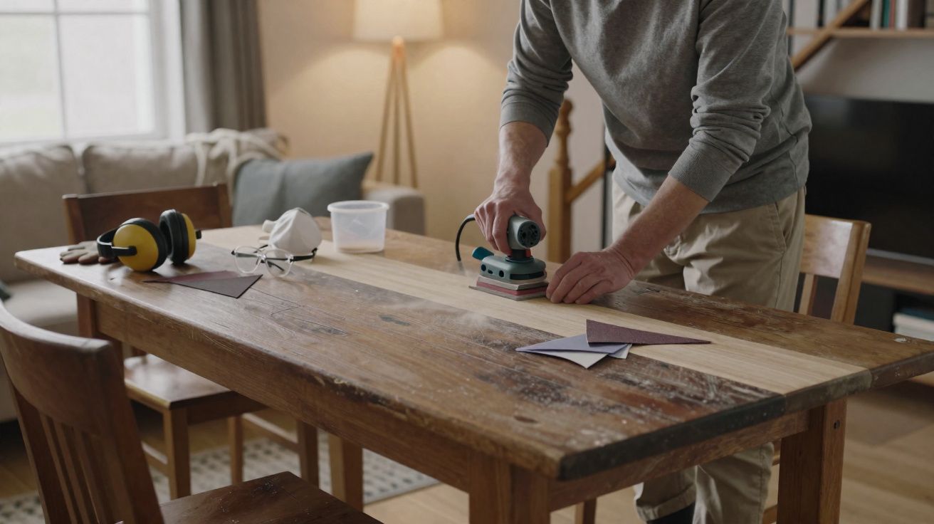 Pessoa lixando uma mesa de madeira em ambiente interno com equipamentos de proteção ao lado.