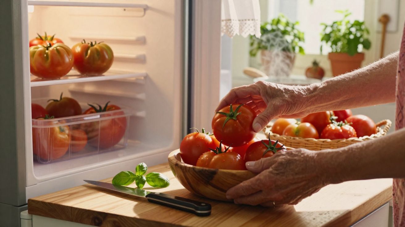 Mãos segurando tomate de tigela de madeira ao lado de geladeira aberta com tomates dentro.