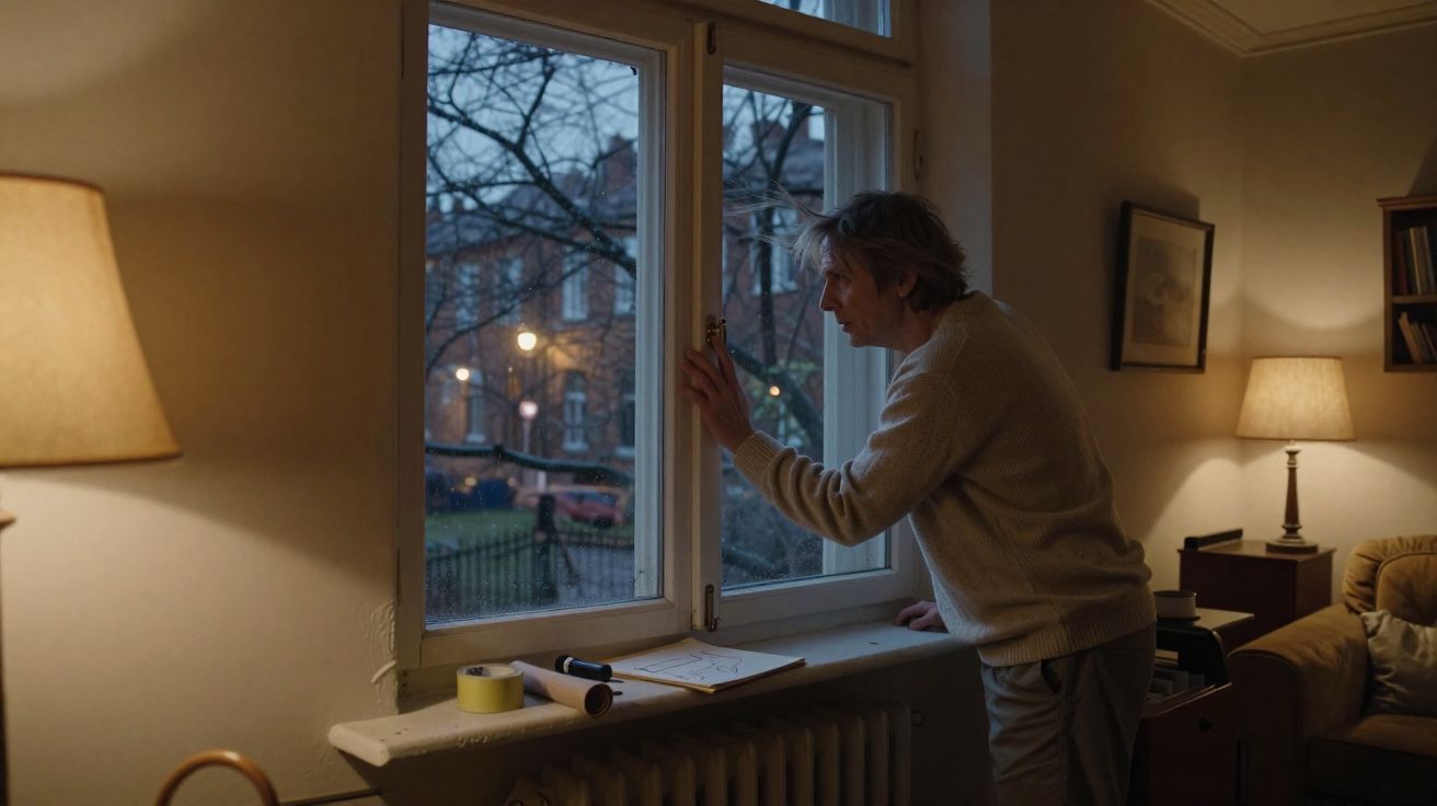 Homem olhando pela janela na sala iluminada por abajures durante o entardecer.