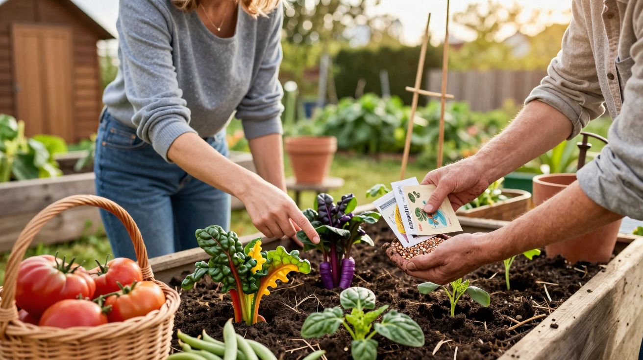 Duas pessoas plantando sementes e cuidando de um jardim com vegetais e tomateiros ao lado.