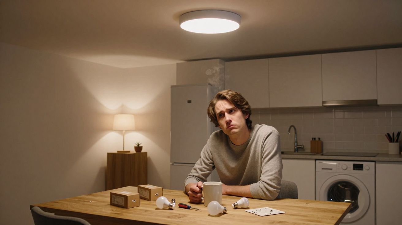 Homem sentado à mesa iluminada na cozinha, com lâmpadas e ferramentas para montagem espalhadas.
