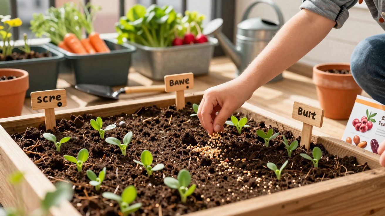 Pessoa semeando em canteiro com mudas e etiquetas em vaso de madeira em ambiente interno iluminado.