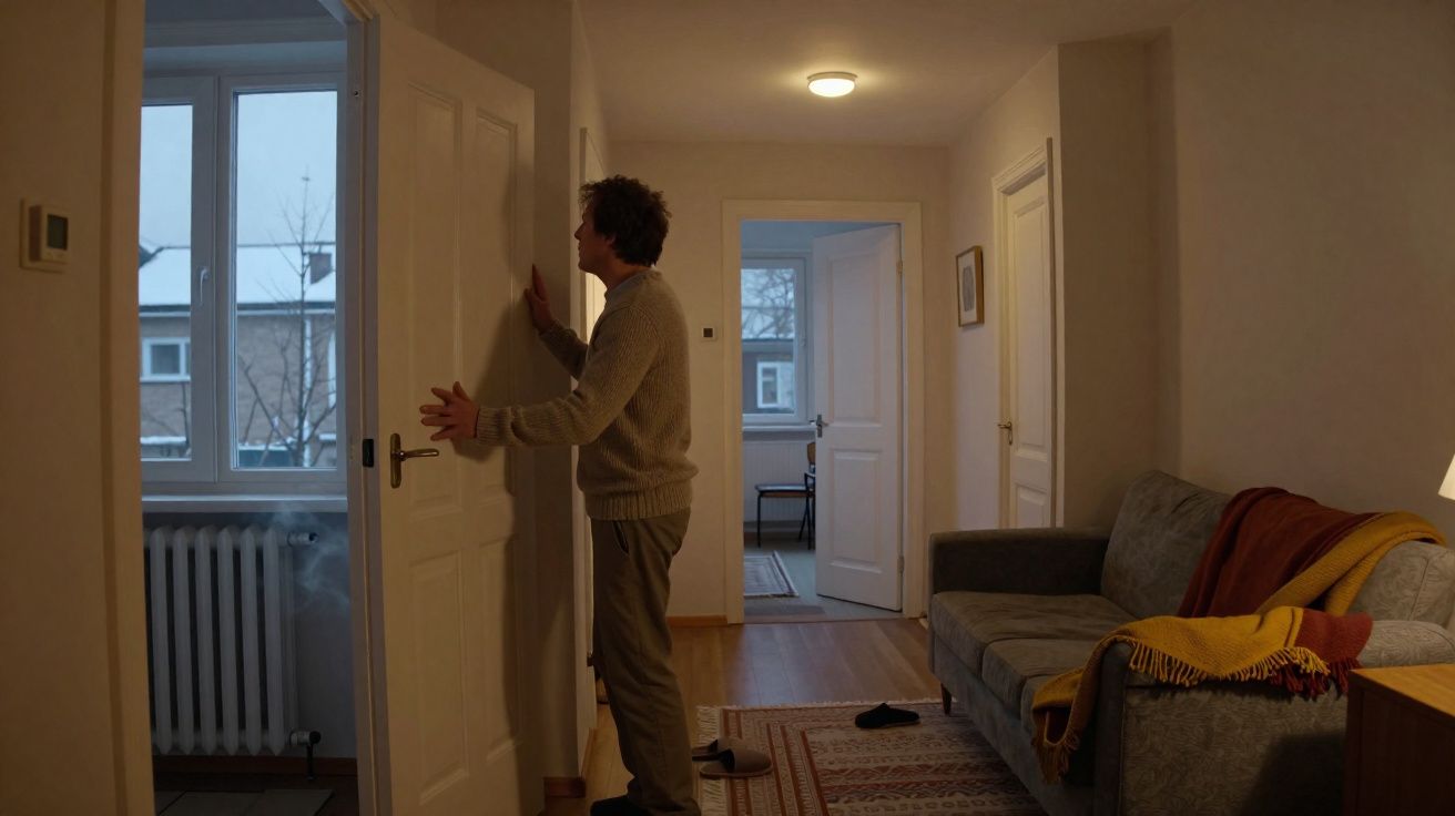 Homem fechando porta dentro de apartamento aconchegante com sofá, tapete e iluminação amarelada.