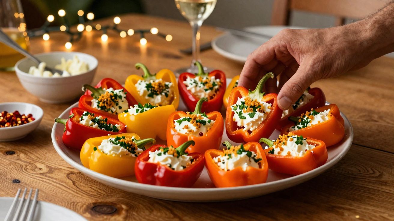 Prato com pimentões coloridos recheados com creme de queijo e ervas, mão pegando um pimentão laranja.