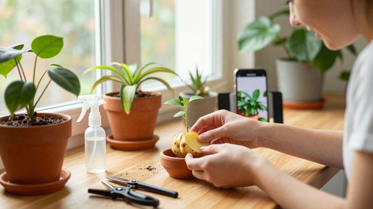 Pessoa cuidando de planta em vaso, com smartphone registrando o processo, perto de janela e spray de água.