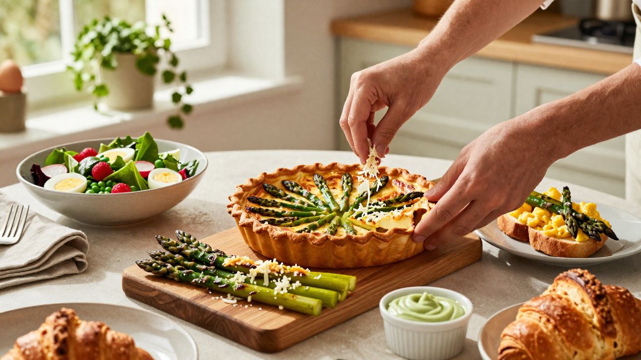 Pessoa decorando torta de aspargos em cozinha iluminada, com salada, croissants e molhos sobre a mesa.