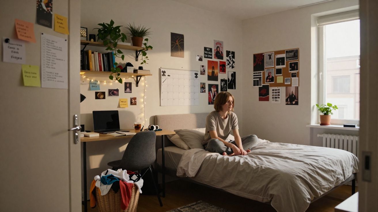 Quarto com decoração jovem, pessoa sentada na cama e parede cheia de fotos e anotações.