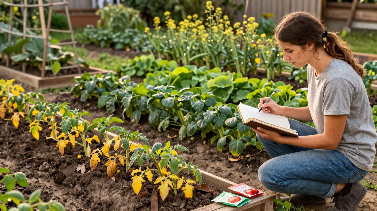 Mulher agachada anotando informações em caderno em horta com plantas e tomates amarelos.