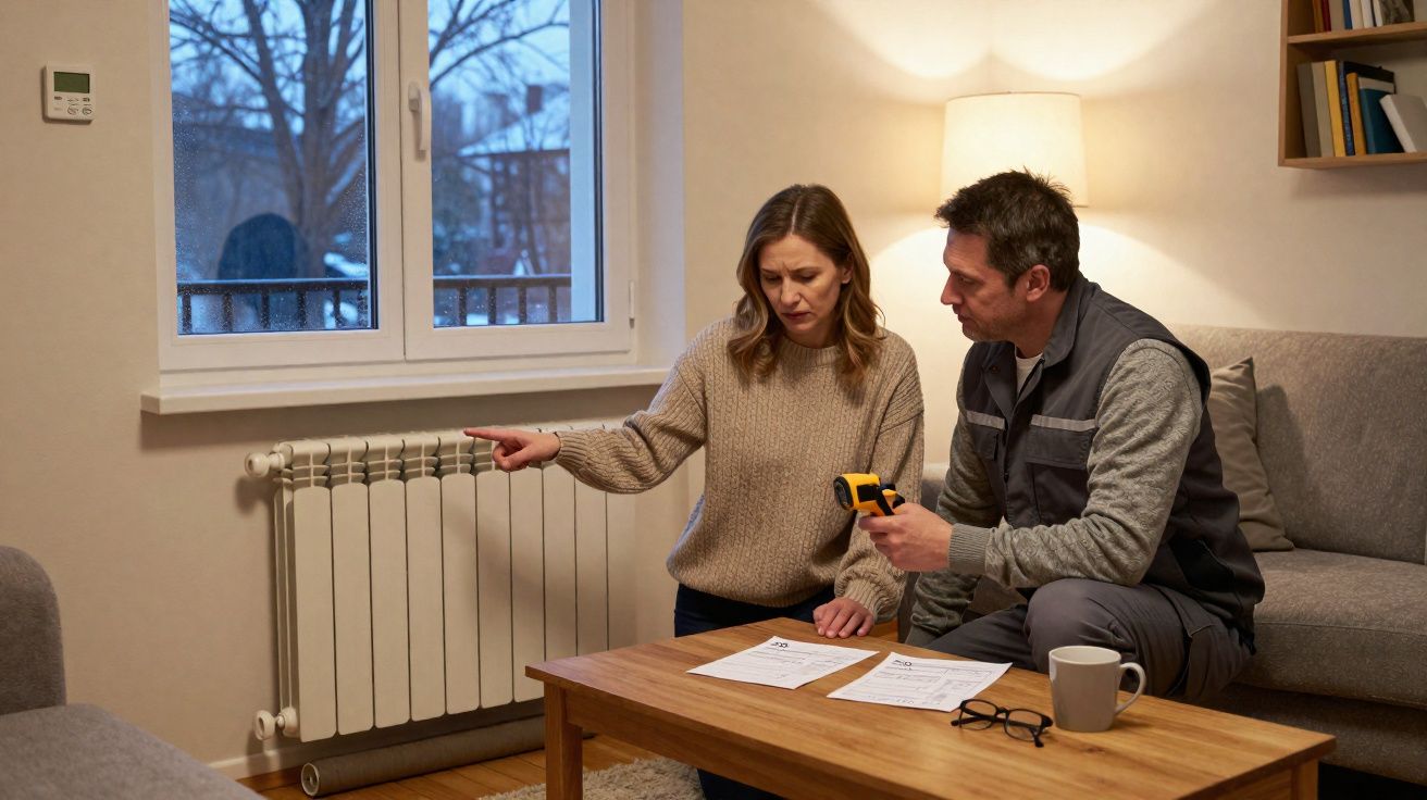 Mulher apontando para radiador enquanto profissional analisa com medidor em sala iluminada.
