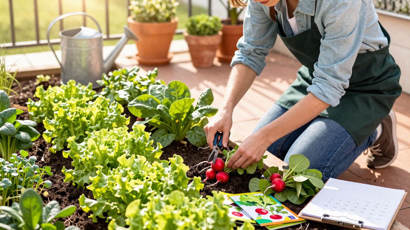 Pessoa colhendo rabanetes em jardim caseiro com hortaliças, regador e caderno ao lado.