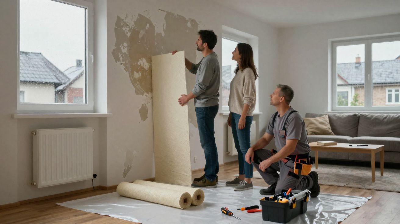 Casal e profissional analisam parede para aplicar papel de parede em sala bem iluminada.