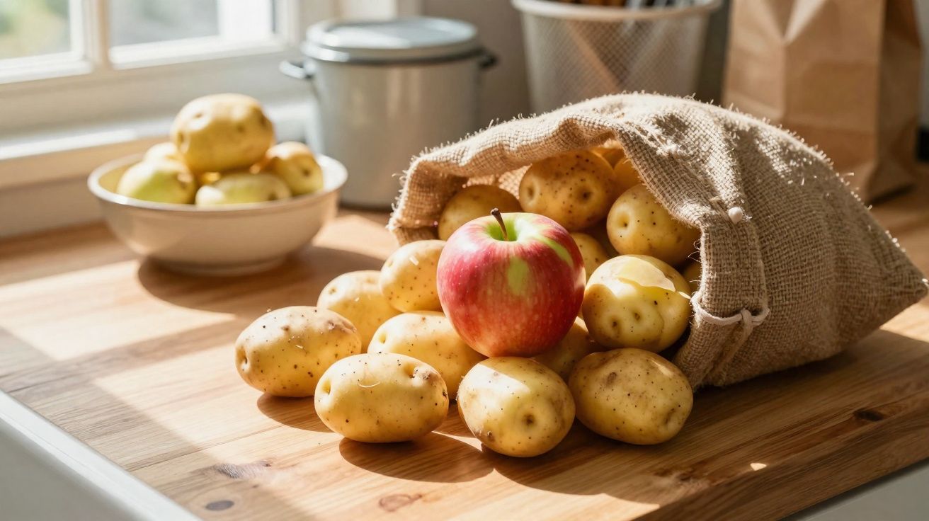 Saco de juta com várias batatas e uma maçã vermelha sobre bancada de madeira iluminada pelo sol.