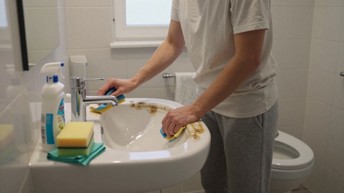 Pessoa limpando pia suja com esponjas em banheiro com vaso sanitário ao fundo.