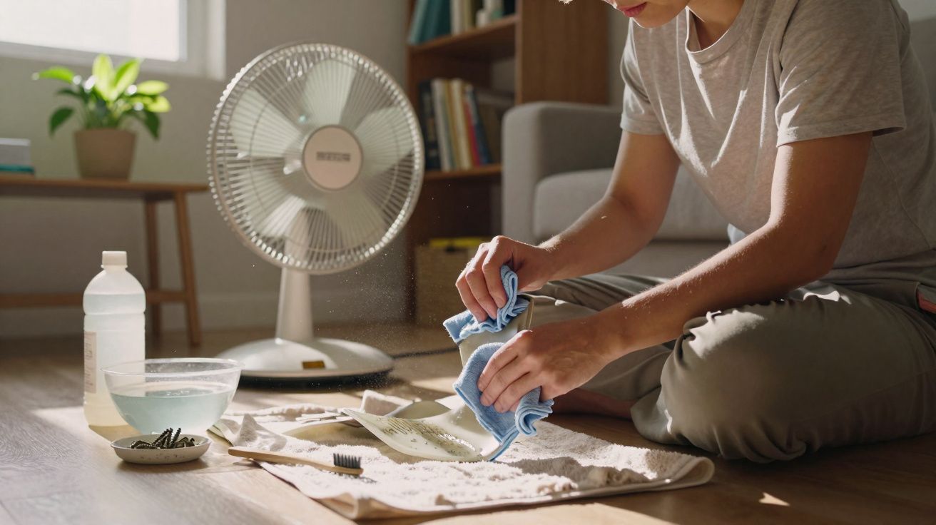 Pessoa limpando uma superfície com pano azul no chão, com ventilador e decoração ao fundo.