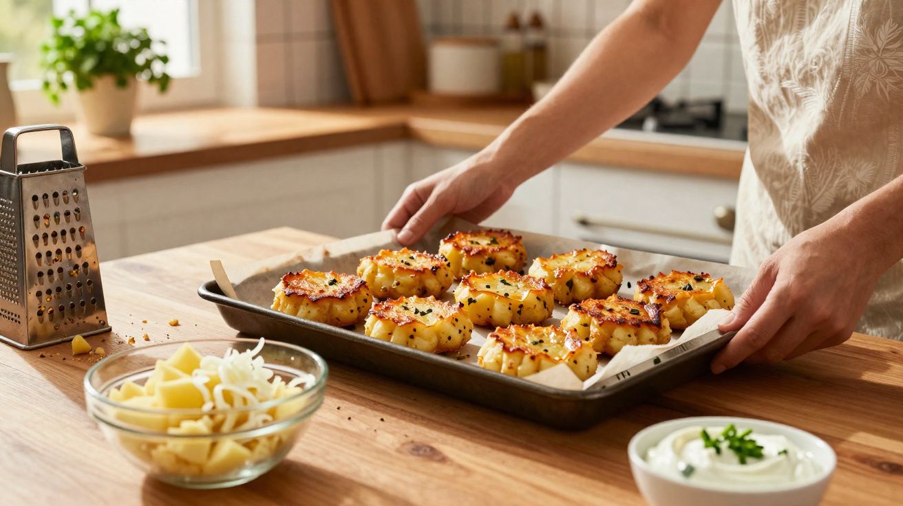Pessoa segurando assadeira com batatas recheadas gratinadas em bancada de cozinha iluminada.