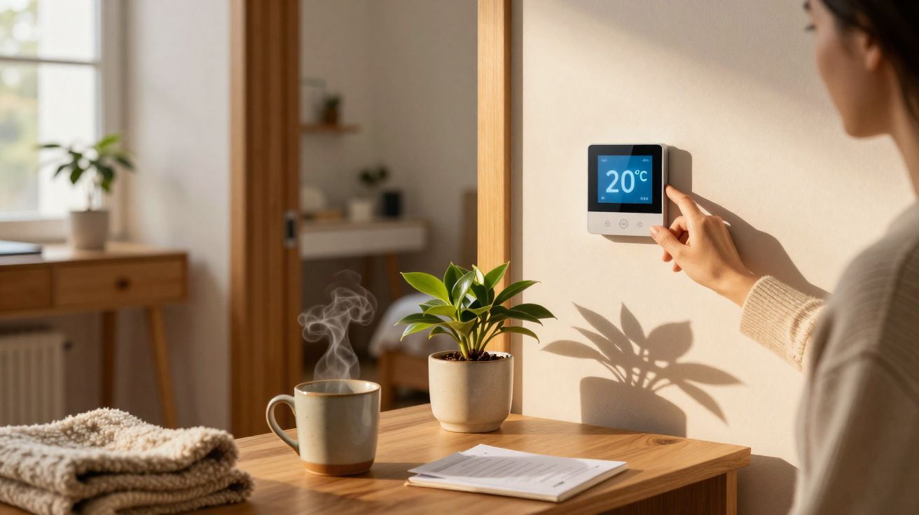 Pessoa ajustando termostato digital em ambiente interno com planta e xícara de café quente.