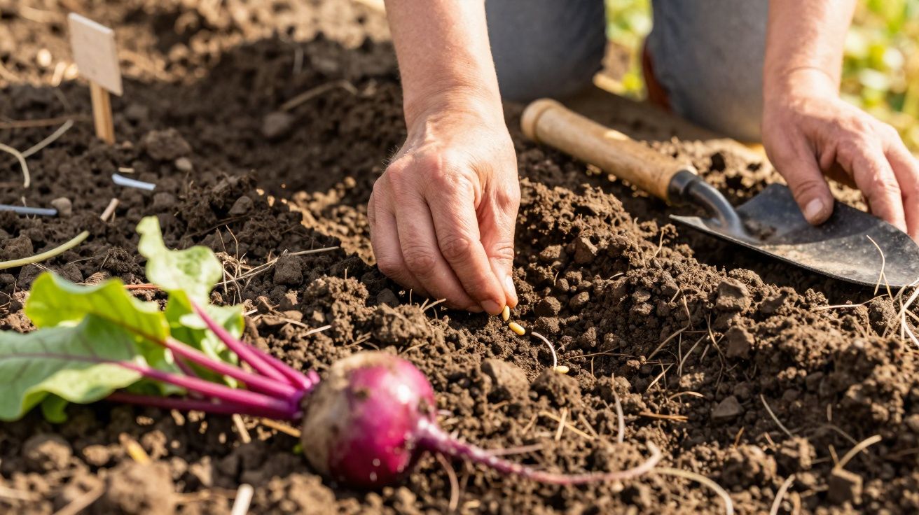 Pessoa plantando semente em solo fértil, com beterraba próxima e ferramenta de jardinagem ao lado.