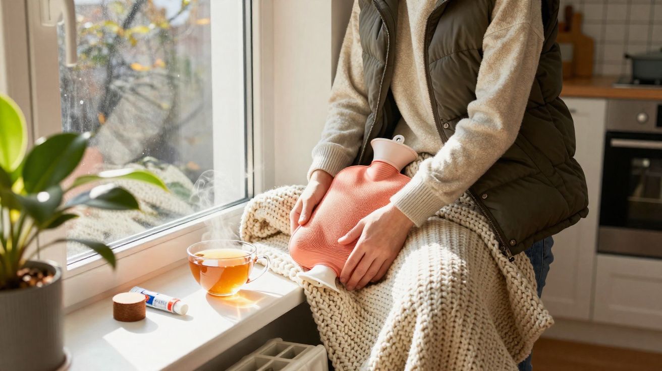 Pessoa segurando bolsa de água quente no colo, coberta com manta, próxima a janela com chá e pomada.