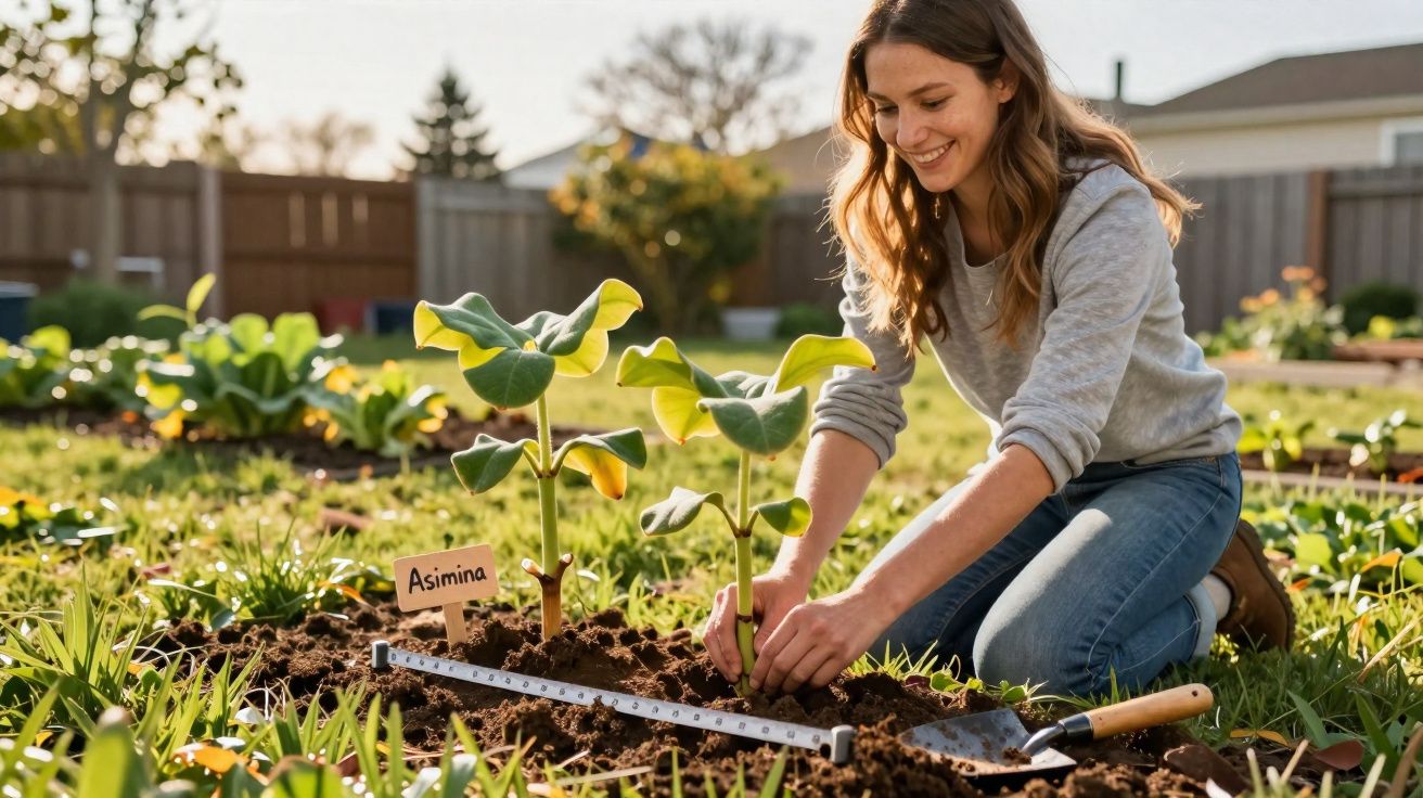 Mulher sorridente plantando muda de Asimina em horta caseira ao ar livre em dia ensolarado.