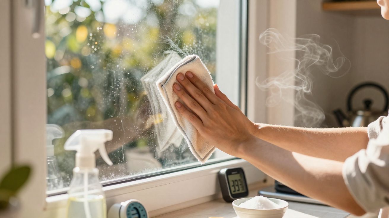 Pessoa limpando janela com pano branco em cozinha iluminada, borrifador e utensílios ao fundo.