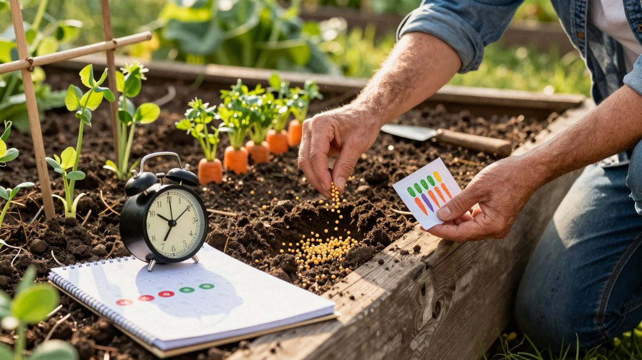 Pessoa plantando sementes em canteiro com relógio, caderno e mudas de cenoura ao fundo.
