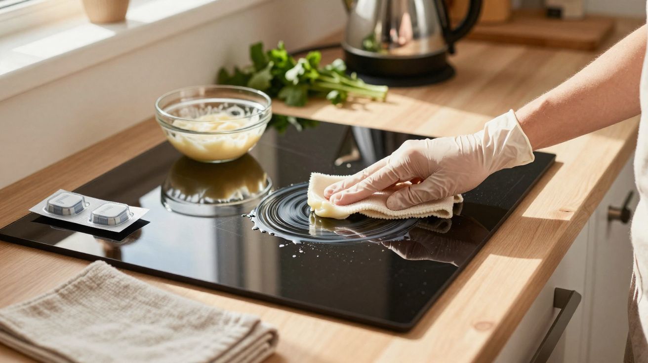 Pessoa com luva limpando fogão de vidro preto com pano branco em cozinha iluminada.