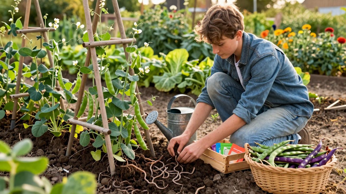 Menino agachado cuidando da horta, com cesta de vagens e regador ao lado, em jardim ao ar livre.
