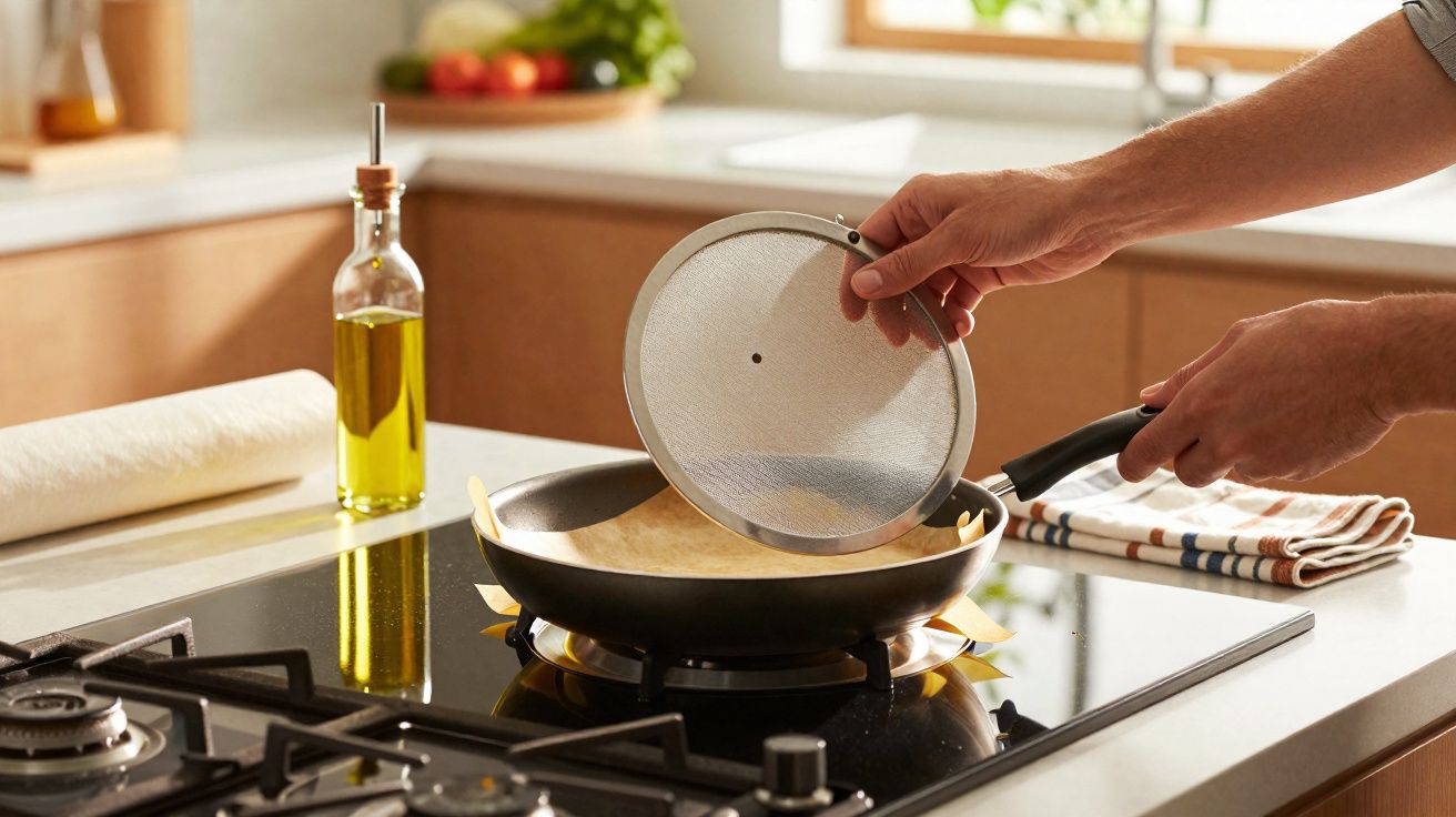 Pessoa tampando frigideira em forno, garrafa de azeite, pano de prato e papel toalha ao fundo na cozinha.