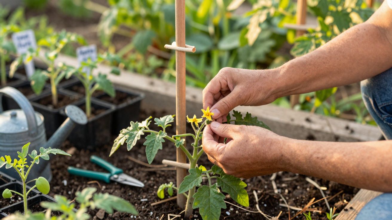 Mãos cuidando de flor amarela em planta de tomate em canteiro de jardim com ferramentas ao fundo.