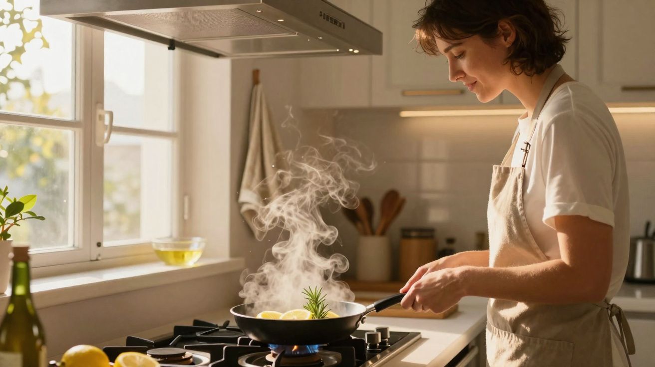Mulher cozinhando com frigideira e vapor saindo em cozinha iluminada por luz natural.