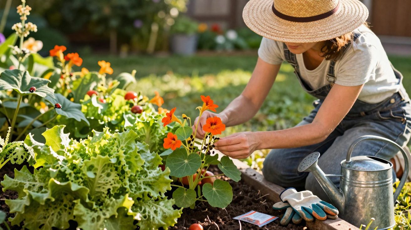 Mulher com chapéu cultivando flores laranjas em jardim com regador e luvas ao lado.