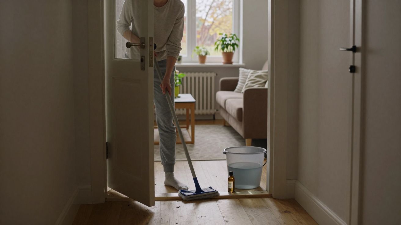 Pessoa limpando piso de madeira com rodo em ambiente interno iluminado por janela.