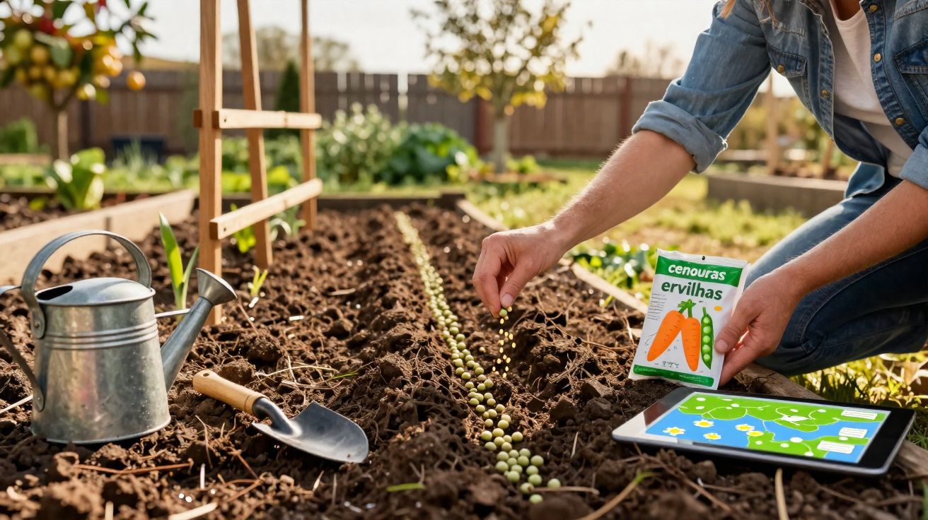 Pessoa plantando ervilhas em canteiro de terra com regador, pá e tablet ao lado.