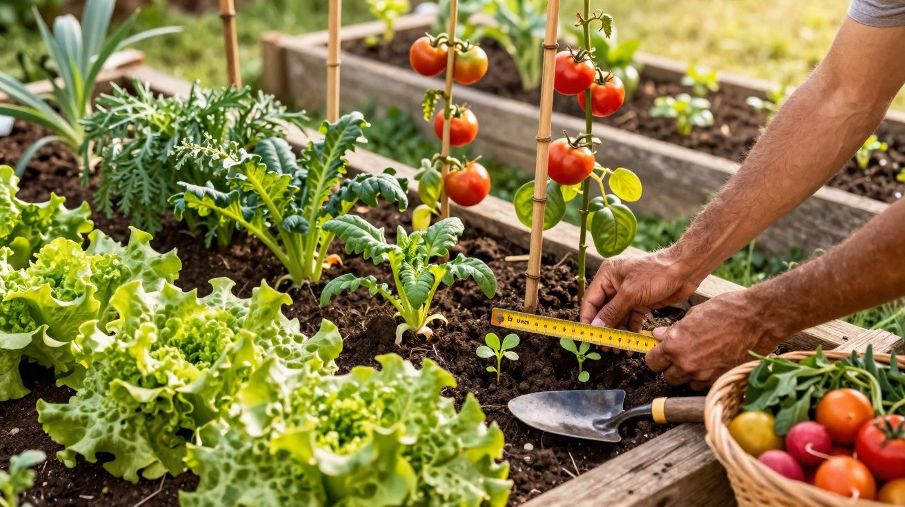 Pessoa medindo o espaço entre mudas em horta com alface, tomate e outros vegetais frescos.