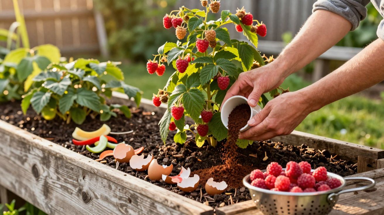 Pessoa fertilizando planta de framboesa em cama elevada com cascas de ovos e frutas colhidas em uma peneira.