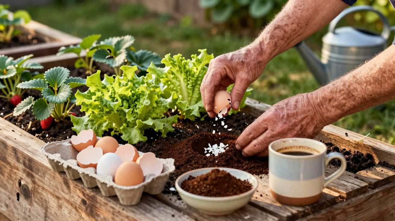 Mãos espalhando cascas de ovo trituradas na terra de uma horta com alface e morangos.
