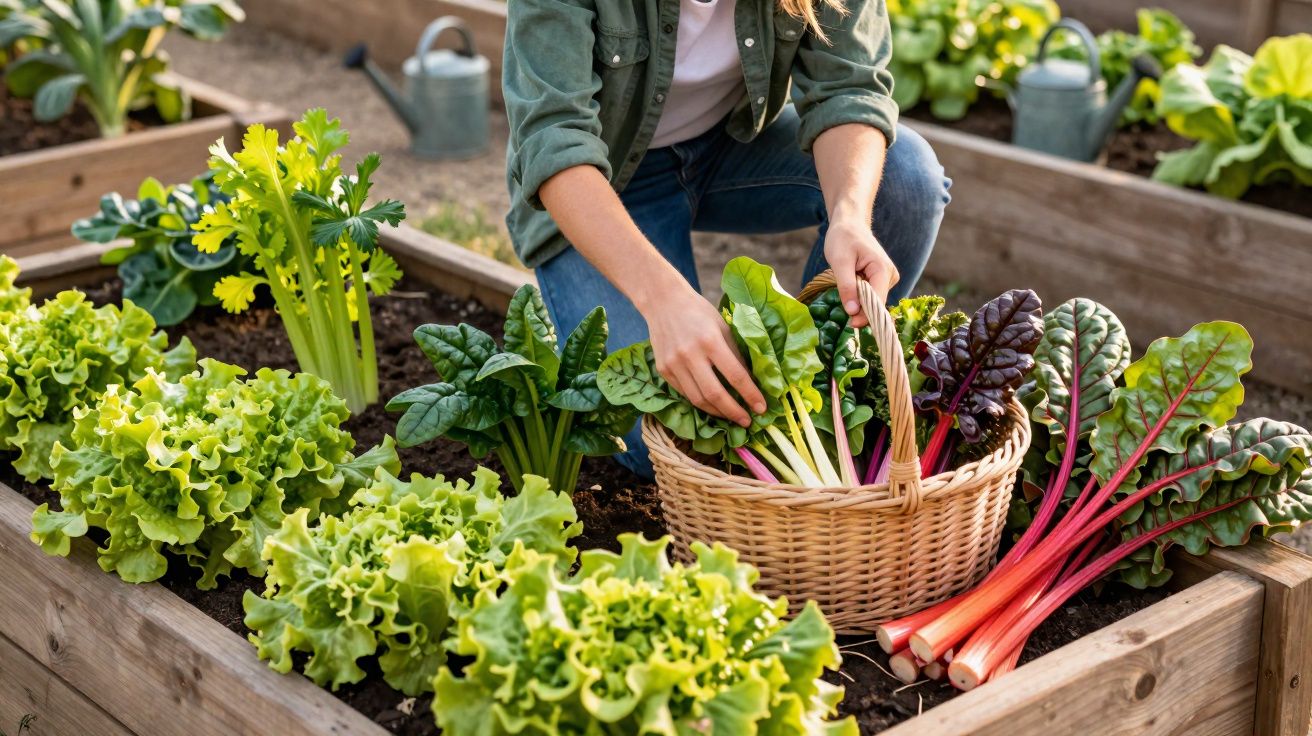 Pessoa colhendo folhas verdes e vegetais em cesta dentro de canteiro elevado em jardim.