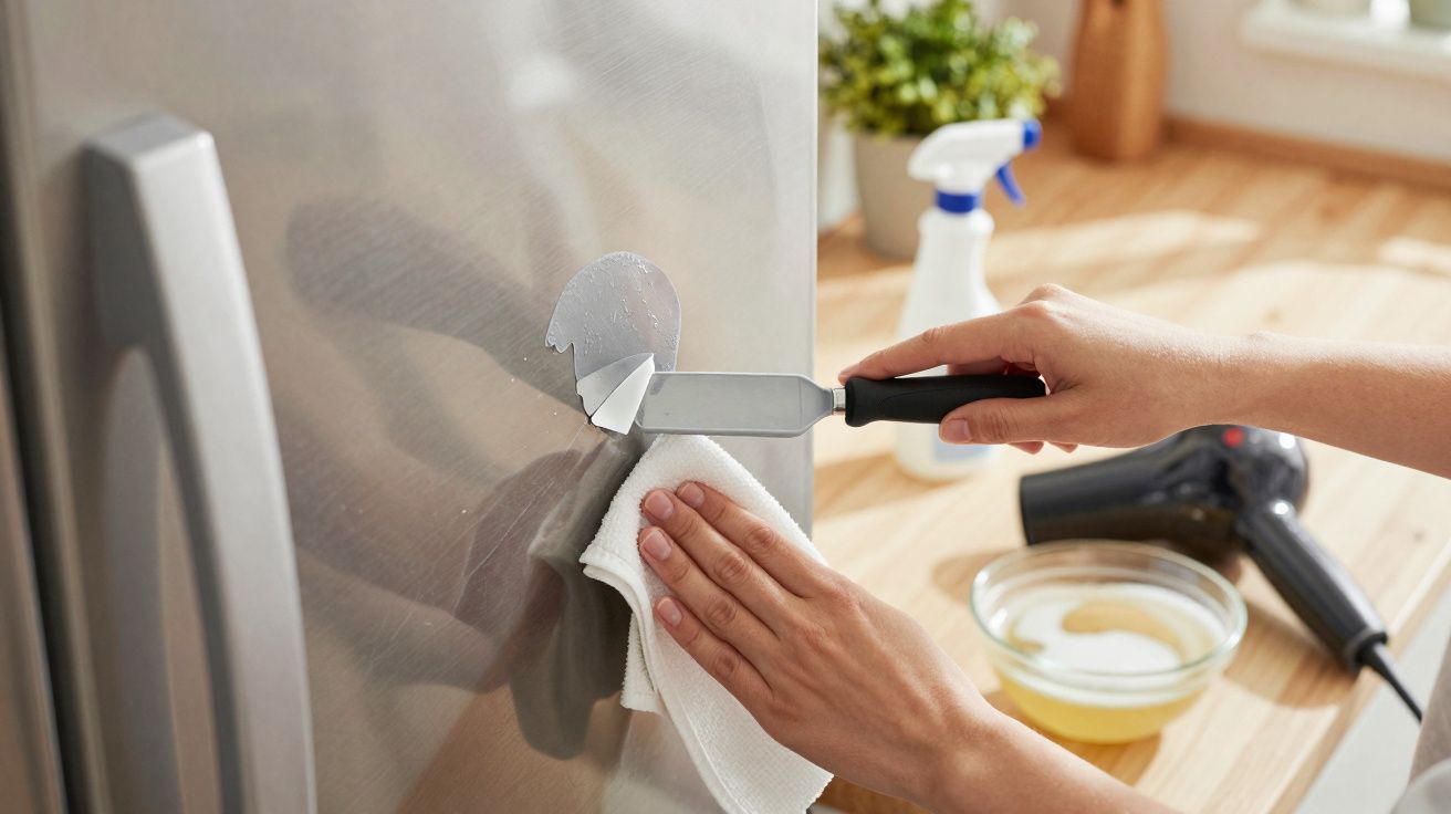 Pessoa removendo adesivo da porta de geladeira com espátula e pano branco.