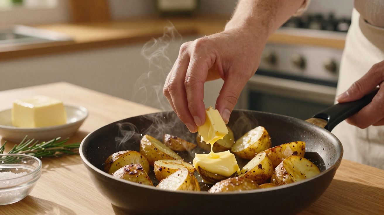 Mãos colocando pedaços de manteiga em batatas temperadas e dourando em frigideira preta na cozinha.