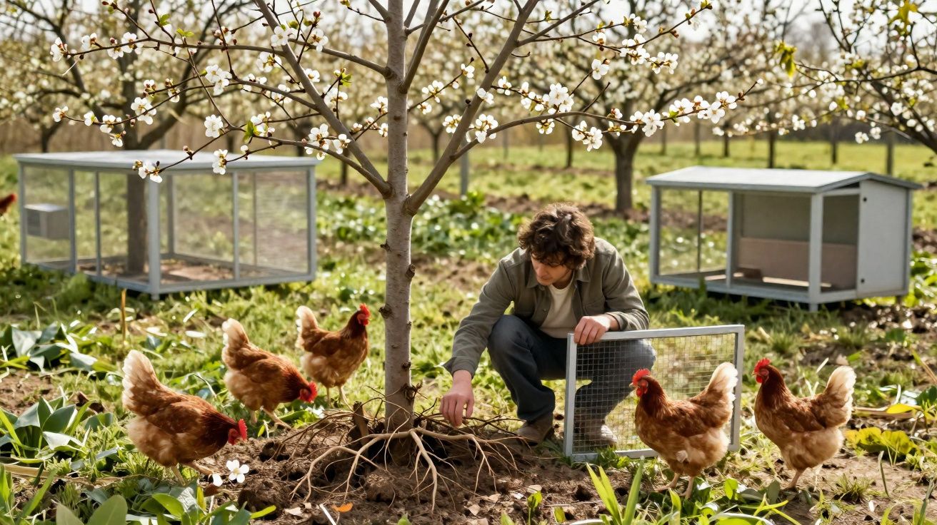 Homem alimentando galinhas perto de galinheiros em pomar com árvores floridas.