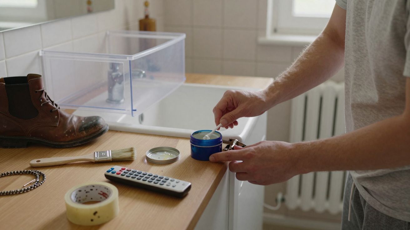 Pessoa aplicando graxa em sapato sobre bancada com ferramentas e controle remoto ao lado.