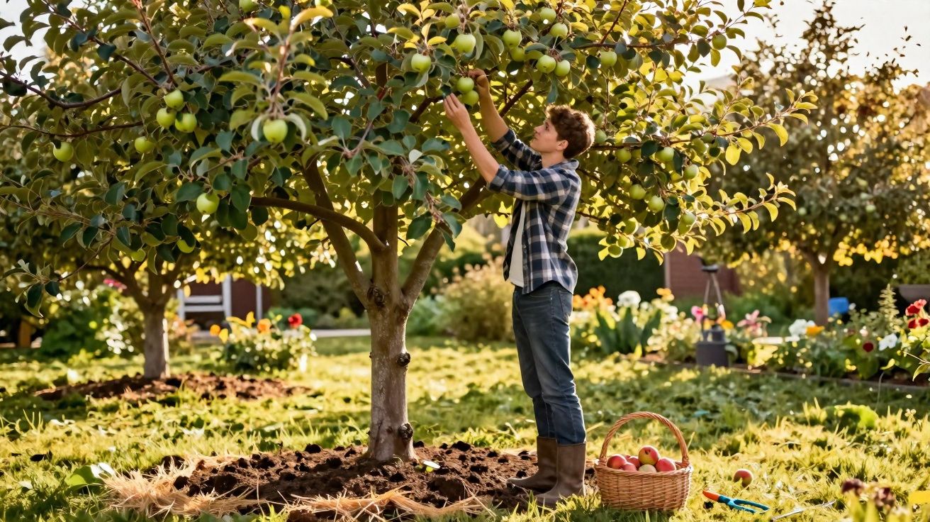 Jovem colhendo maçãs em pomar ensolarado, com cesta de maçãs no chão ao lado.