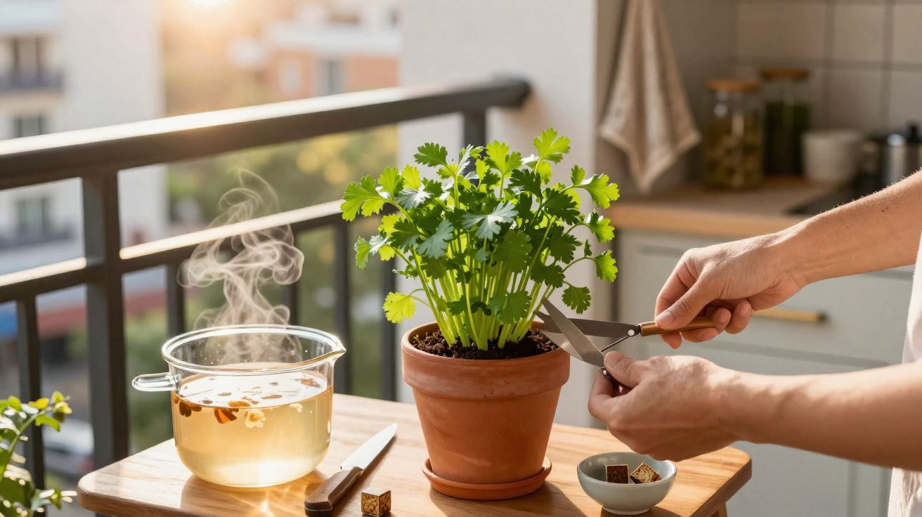Pessoa colhendo folhas de ervas em vaso de cerâmica em varanda com chaleira e utensílios na mesa.