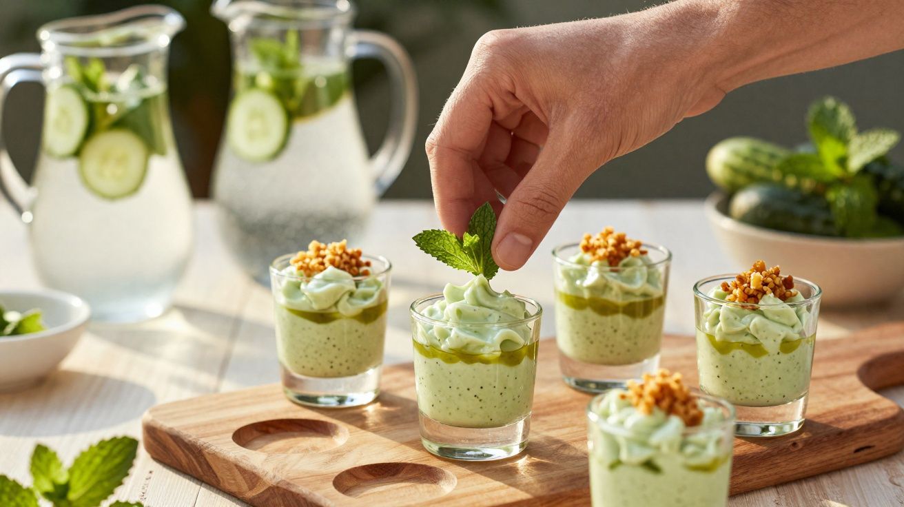 Mão decorando copo com creme verde e hortelã em uma tábua de madeira com cinco copos semelhantes.