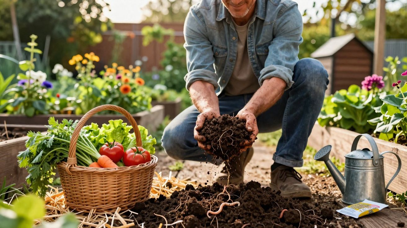 Homem agachado segurando terra com minhocas em jardim com cesta de legumes e regador ao lado.