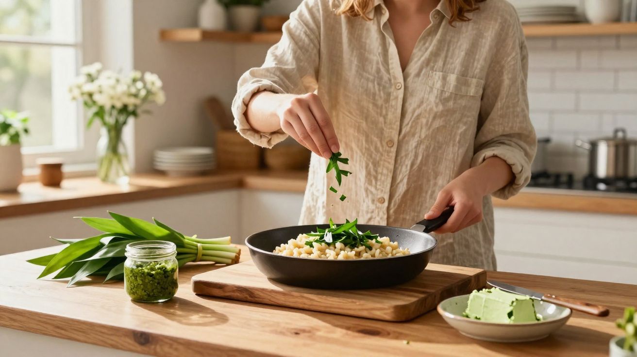 Pessoa adiciona ervas frescas em uma frigideira com comida em uma cozinha iluminada e decorada.