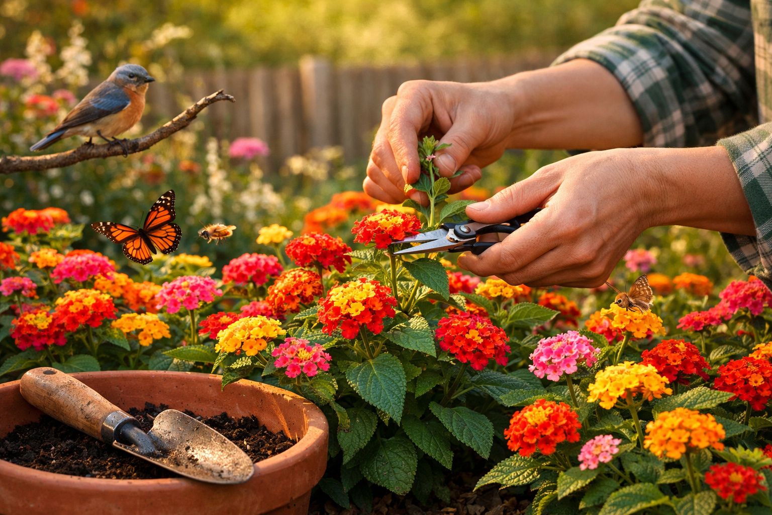 Mãos podando flores coloridas no jardim com pássaro, borboletas e ferramentas de jardinagem.
